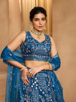 navy blue reception lehenga with net fabric embroidery