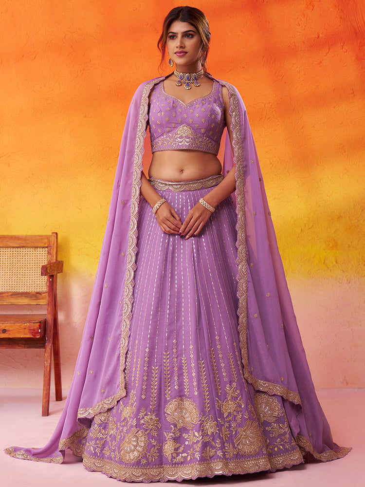 purple tissue silk bridal lehenga with sequins embroidery