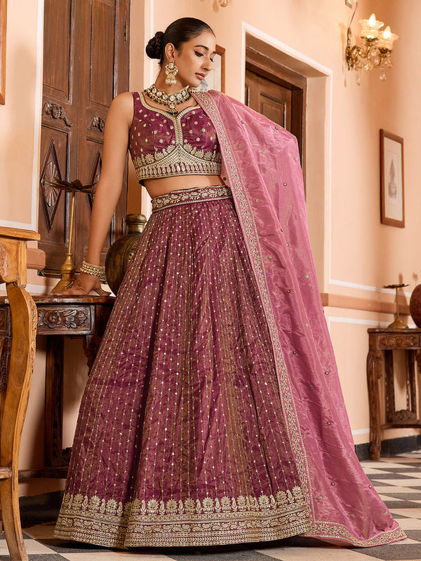 Rose Gold Tissue Silk Embroidered Lehenga Choli