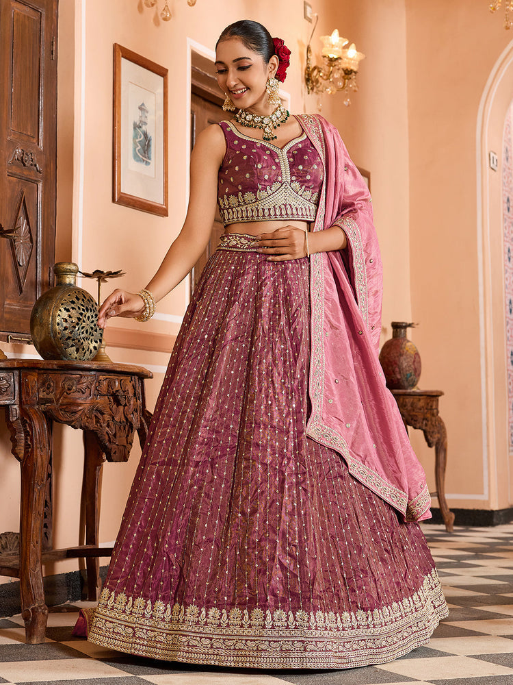 traditional rosegold wedding lehenga with sequins work