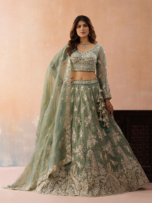 Seagreen Wedding Wear Lehenga with Beads Work