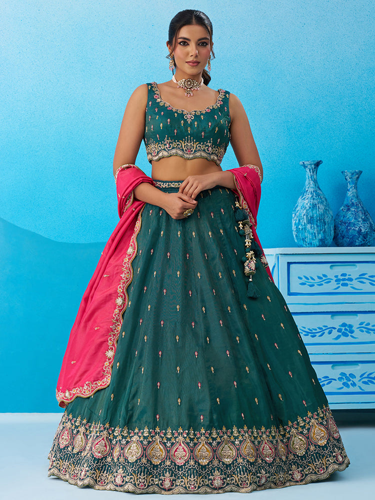 teal elegant cosmos silk lehenga for special occasions