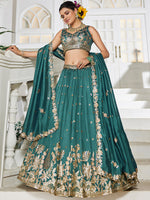 teal embroidered georgette lehenga for wedding wear