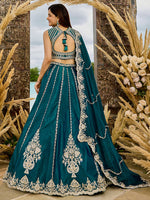 teal embroidered silk lehenga choli with beads work