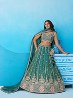 teal engagement lehenga with beads and sequins work