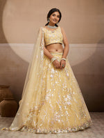 yellow net fabric sequins embroidered semi stitched lehenga choli