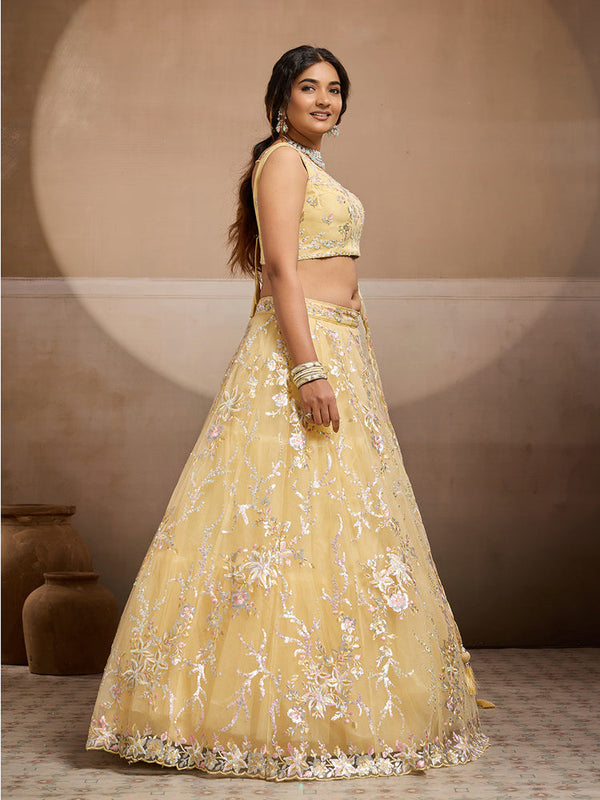 Yellow Net Indian Wedding Lehenga Choli for Women